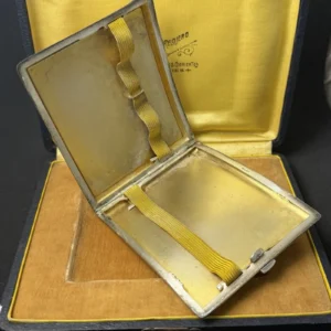 ANTIQUE ENAMEL BORZOI DOG CIGARETTE CASE NICKEL SILVER-ALPACCA WITH ORIGINALBOX