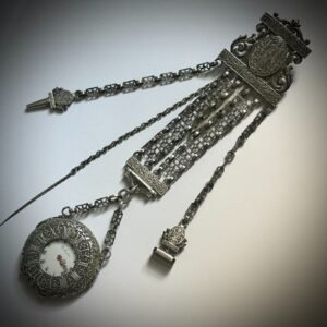 MUSEUM QUALITY! RARE GUSTAVE SANDOZ SILVER POCKET WATCH AND CHATELAINE. MINT CON