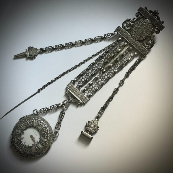 MUSEUM QUALITY! RARE GUSTAVE SANDOZ SILVER POCKET WATCH AND CHATELAINE. MINT CON