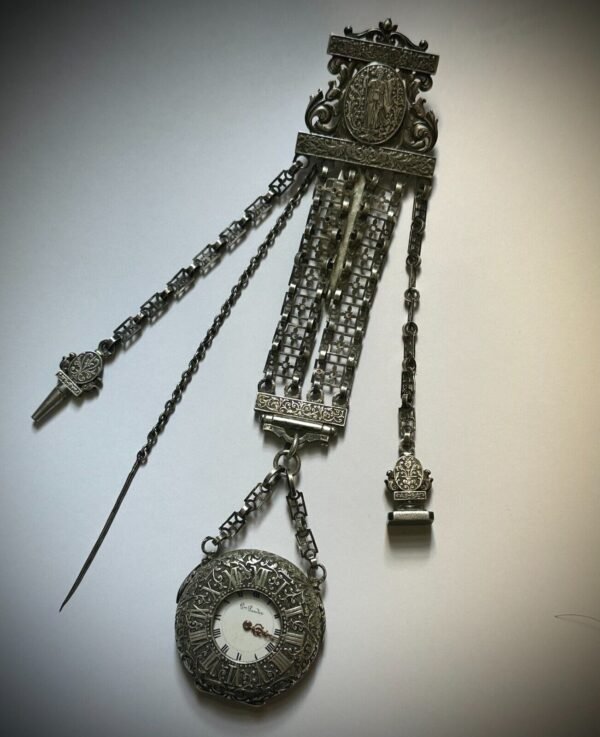 MUSEUM QUALITY! RARE GUSTAVE SANDOZ SILVER POCKET WATCH AND CHATELAINE. MINT CON - Image 3