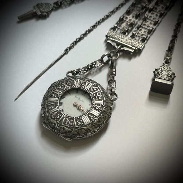 MUSEUM QUALITY! RARE GUSTAVE SANDOZ SILVER POCKET WATCH AND CHATELAINE. MINT CON - Image 6