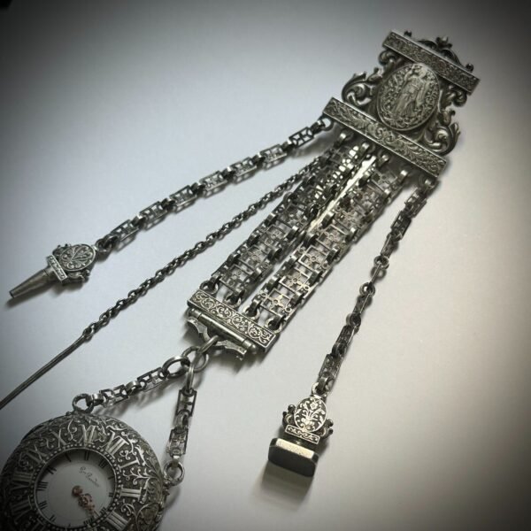 MUSEUM QUALITY! RARE GUSTAVE SANDOZ SILVER POCKET WATCH AND CHATELAINE. MINT CON - Image 5