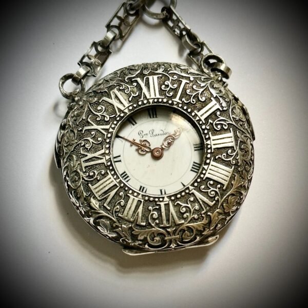 MUSEUM QUALITY! RARE GUSTAVE SANDOZ SILVER POCKET WATCH AND CHATELAINE. MINT CON - Image 10