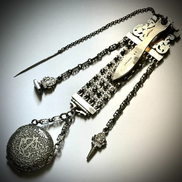 MUSEUM QUALITY! RARE GUSTAVE SANDOZ SILVER POCKET WATCH AND CHATELAINE. MINT CON - Image 9