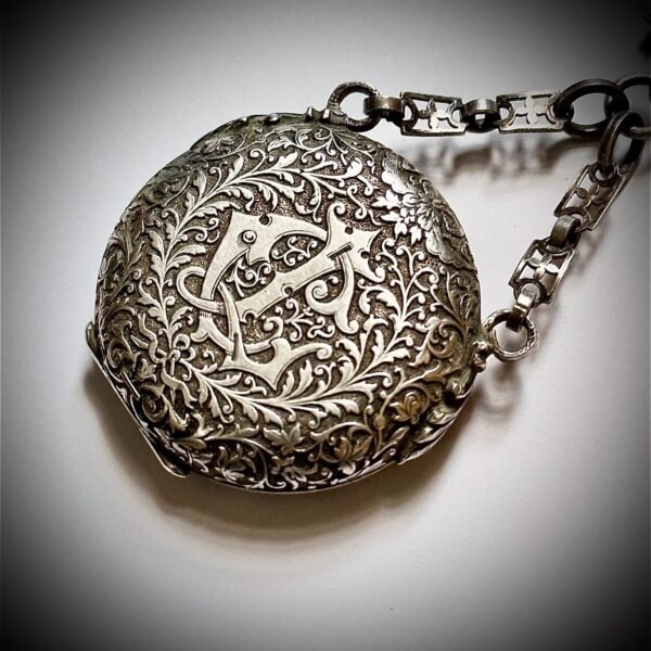 MUSEUM QUALITY! RARE GUSTAVE SANDOZ SILVER POCKET WATCH AND CHATELAINE. MINT CON - Image 8