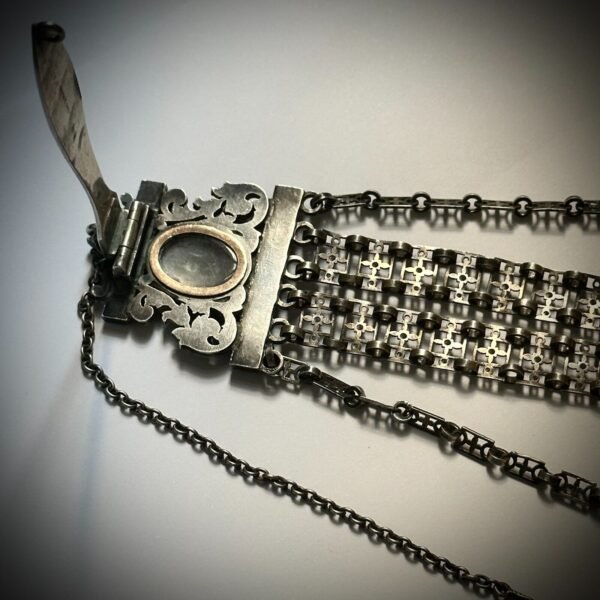 MUSEUM QUALITY! RARE GUSTAVE SANDOZ SILVER POCKET WATCH AND CHATELAINE. MINT CON - Image 15