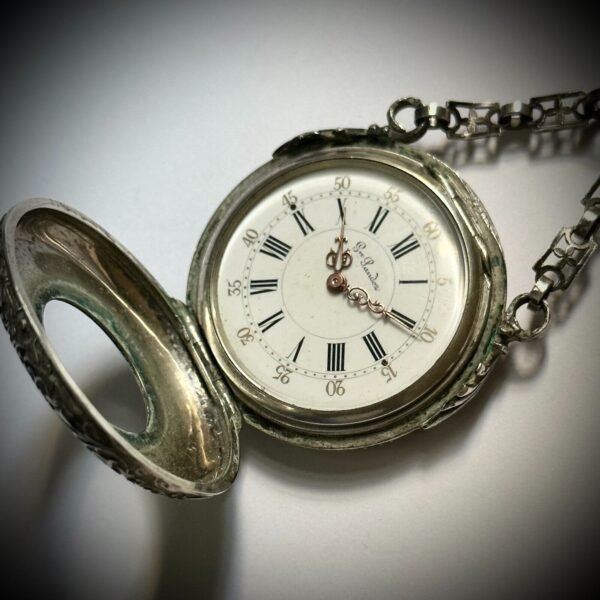 MUSEUM QUALITY! RARE GUSTAVE SANDOZ SILVER POCKET WATCH AND CHATELAINE. MINT CON - Image 14