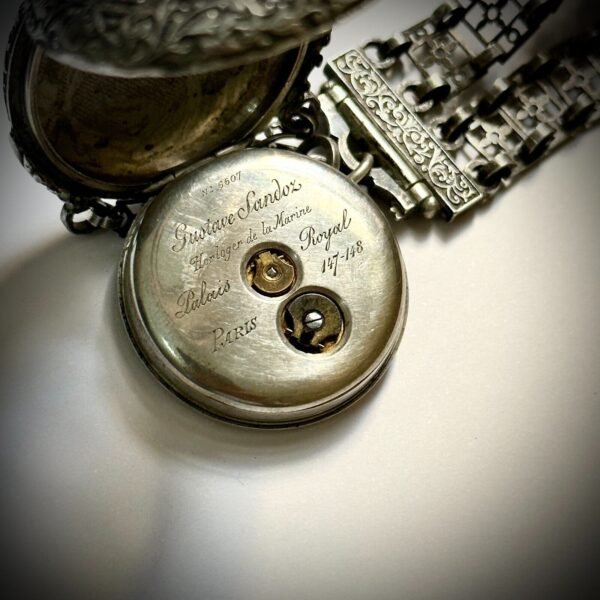 MUSEUM QUALITY! RARE GUSTAVE SANDOZ SILVER POCKET WATCH AND CHATELAINE. MINT CON - Image 13