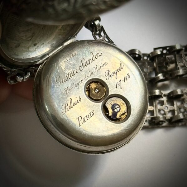 MUSEUM QUALITY! RARE GUSTAVE SANDOZ SILVER POCKET WATCH AND CHATELAINE. MINT CON - Image 12
